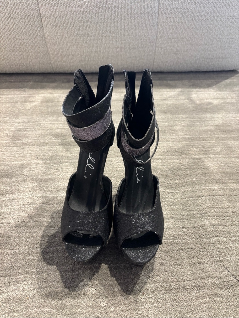 Ellie Black Glitter Open-Toe Ankle Strap Heels
